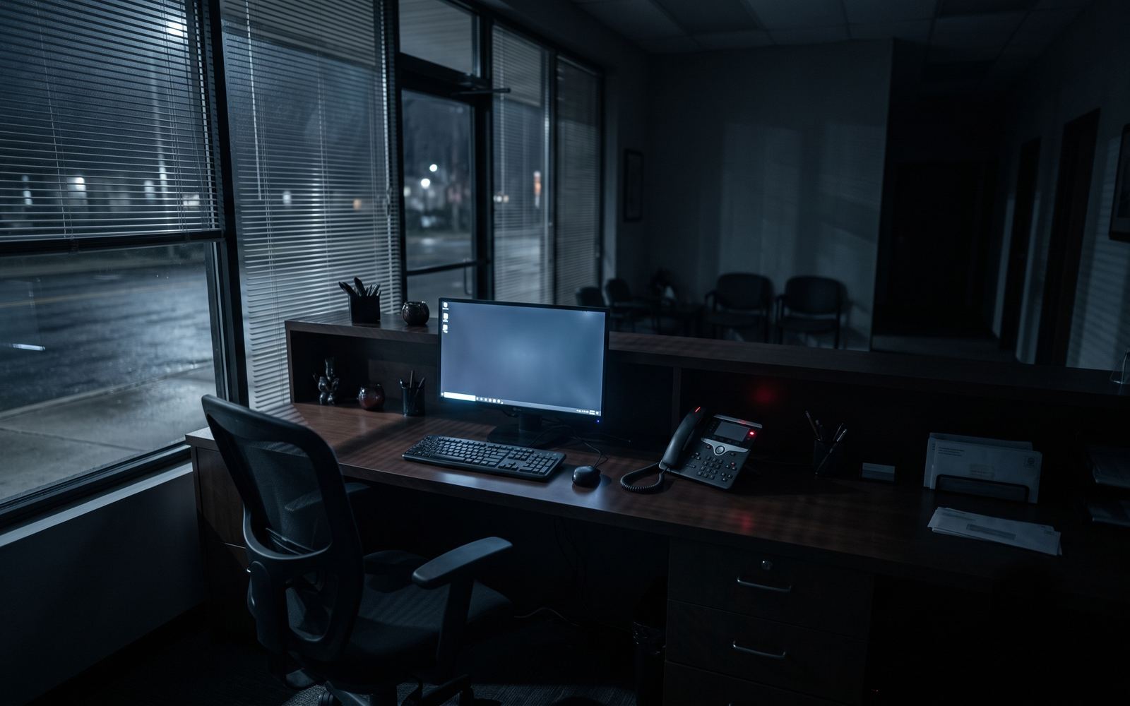 A dark, empty front desk at night with a missed-call light.