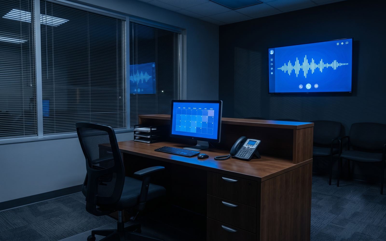 The same desk two doors down — no people, but the dashboard is live and booking tomorrow's work.